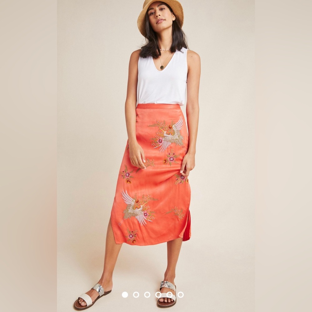 Maeve Skirt Crane Embroidered Orange Long Floral Chinese Style Anthropologie